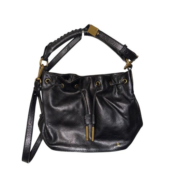 Elliot Lucca Black Leather Drawstring Crossbody Shoulder Bag Satchel Small Purse - Picture 1 of 8